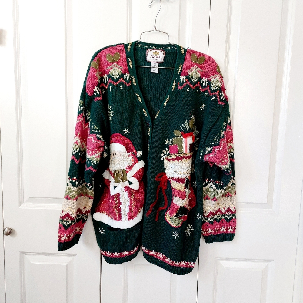 Father Christmas‎ & Stocking Vintage Green & Fairisle Cardigan 26/28W Tiara